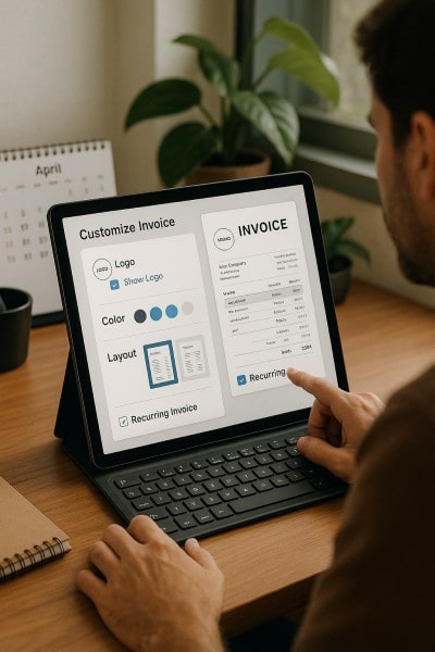 Customizable Templates & Recurring Invoices Businessman Analyzing Expenses on a Spreadsheet Using a Laptop
