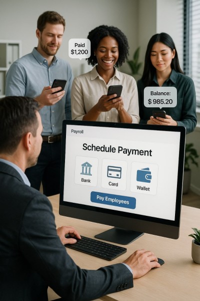 Fast Payments With Built-In Tools Digital Financial Reports Displayed on a Laptop Screen in an Office