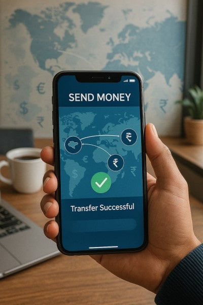 Instant Domestic and International Transfers Mobile Expense Tracking Categories on a Smartphone Surrounded by Receipts