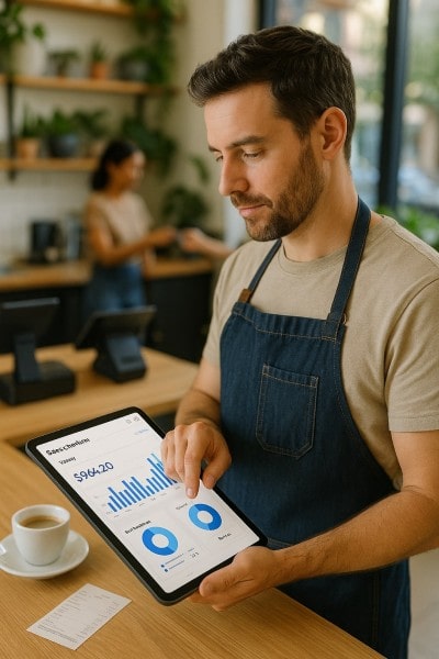 Integrated Sales & Reporting Tools Businessman Analyzing Expenses on a Spreadsheet Using a Laptop