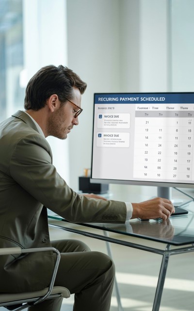 Make Repeating Payments Easy Digital Financial Reports Displayed on a Laptop Screen in an Office