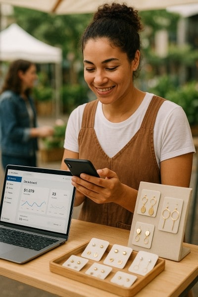 Sell Everywhere, Anytime Businessman Analyzing Expenses on a Spreadsheet Using a Laptop