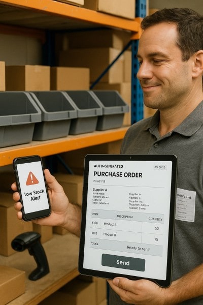 Smart Alerts and Automated Reordering Businessman Analyzing Expenses on a Spreadsheet Using a Laptop