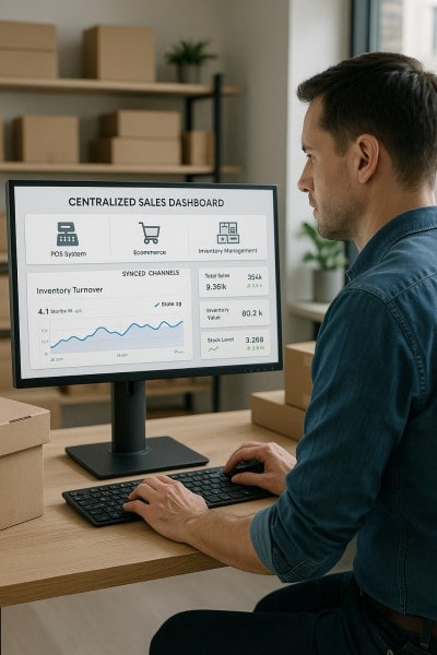 Works with Your Sales Channels Businessman Analyzing Expenses on a Spreadsheet Using a Laptop