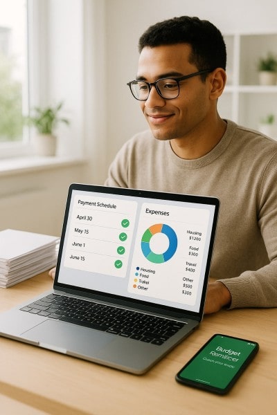Automate Budgets, Bills, and Payments Digital Financial Reports Displayed on a Laptop Screen in an Office