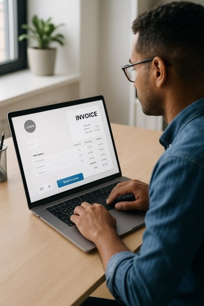 Create and Deliver Invoices Instantly Mobile Expense Tracking Categories on a Smartphone Surrounded by Receipts