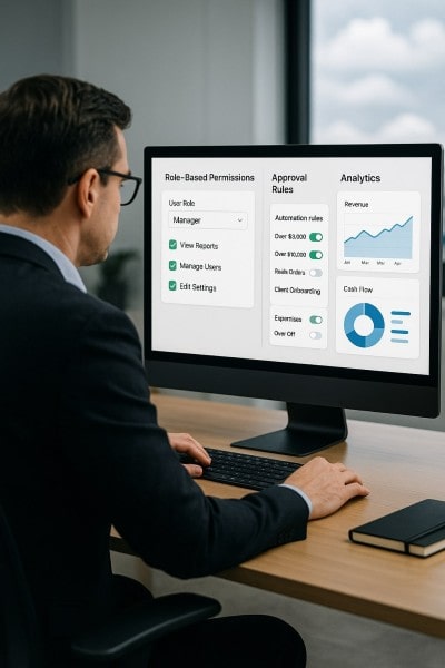 Custom Rules, Access, and Reporting Businessman Analyzing Expenses on a Spreadsheet Using a Laptop