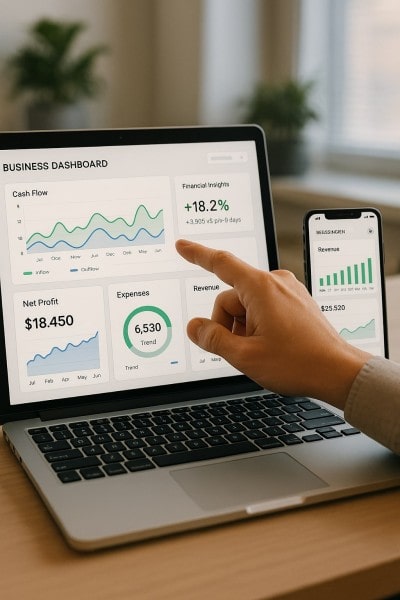 Real-Time Reporting and Smart Insights Digital Financial Reports Displayed on a Laptop Screen in an Office
