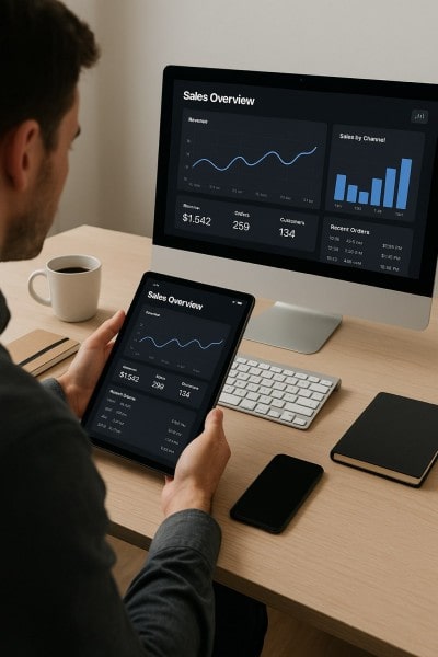 Sales Insights and Real-Time Reporting Digital Financial Reports Displayed on a Laptop Screen in an Office