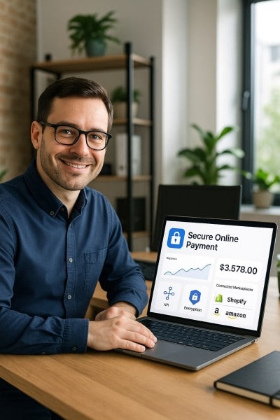 Secure Payments and Scalable Integrations Businessman Analyzing Expenses on a Spreadsheet Using a Laptop