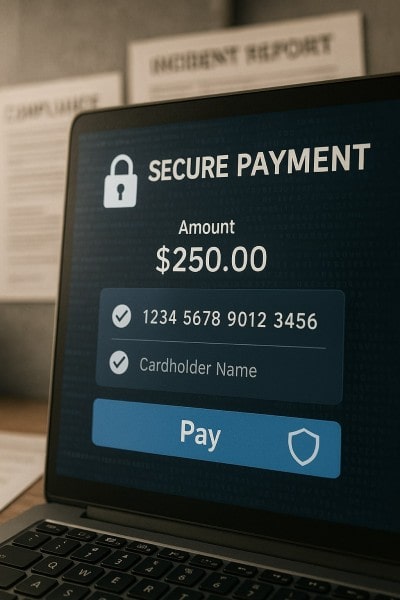Secure Transactions With Full Compliance Digital Financial Reports Displayed on a Laptop Screen in an Office