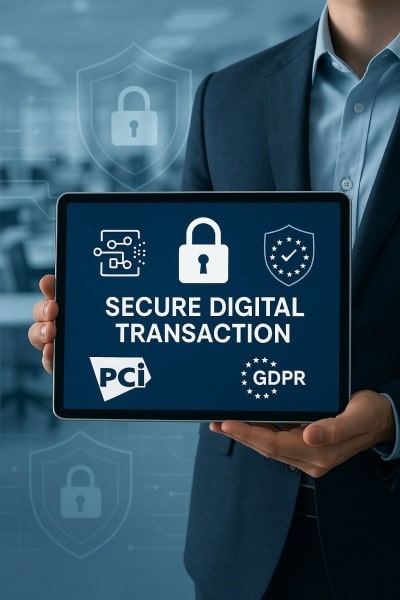 Secure and Compliant Transactions Digital Financial Reports Displayed on a Laptop Screen in an Office