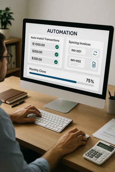 Smart Automation for Faster Closing Digital Financial Reports Displayed on a Laptop Screen in an Office