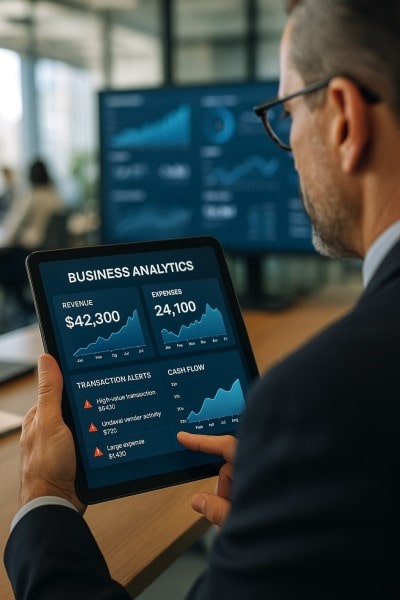 Track Everything in Real Time Digital Financial Reports Displayed on a Laptop Screen in an Office