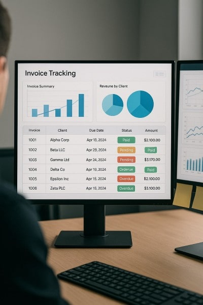 Track Payments in Real Time Businessman Analyzing Expenses on a Spreadsheet Using a Laptop