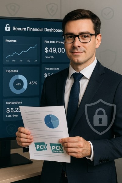 Transparent Pricing with Enterprise-Level Security Businessman Analyzing Expenses on a Spreadsheet Using a Laptop