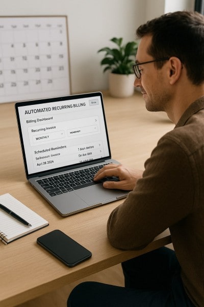 Automate Recurring Billing and Reminders Businessman Analyzing Expenses on a Spreadsheet Using a Laptop