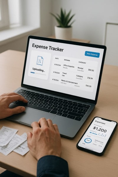 Automated Tools That Save Time Mobile Expense Tracking Categories on a Smartphone Surrounded by Receipts