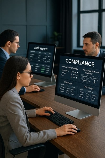 Built-In Compliance and Automation Businessman Analyzing Expenses on a Spreadsheet Using a Laptop