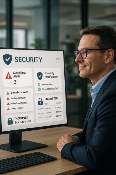 Compliance-Ready and Secure Businessman Analyzing Expenses on a Spreadsheet Using a Laptop