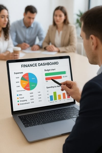 Real-Time Visibility Into Spending Digital Financial Reports Displayed on a Laptop Screen in an Office