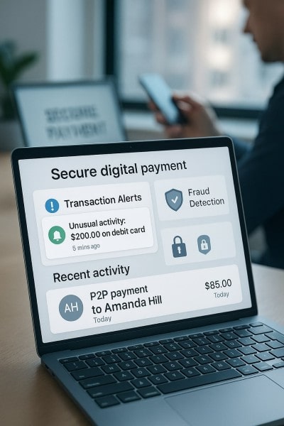 Secure Transfers With Full Visibility Digital Financial Reports Displayed on a Laptop Screen in an Office