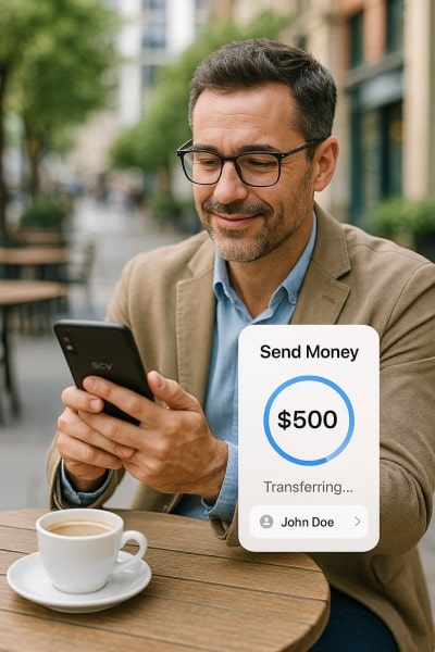 Send Money From Anywhere in Seconds Mobile Expense Tracking Categories on a Smartphone Surrounded by Receipts