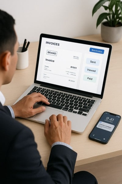 Smart Invoicing With Built-In Tracking Mobile Expense Tracking Categories on a Smartphone Surrounded by Receipts