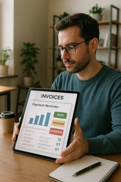 Smarter Invoicing and Cash Flow Control Digital Financial Reports Displayed on a Laptop Screen in an Office