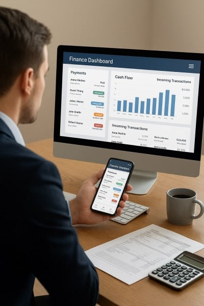 Track Payments and Manage Cash Flow Digital Financial Reports Displayed on a Laptop Screen in an Office
