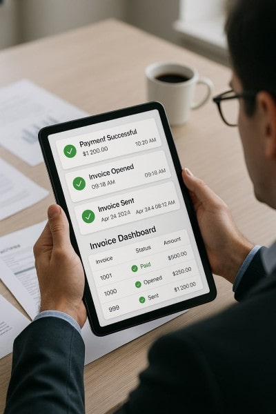 Track Payments and Stay Organized Digital Financial Reports Displayed on a Laptop Screen in an Office