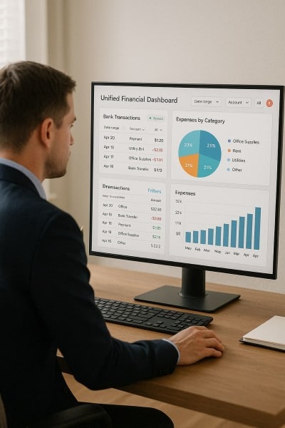 Unified Platform for Better Visibility Businessman Analyzing Expenses on a Spreadsheet Using a Laptop