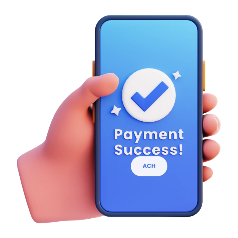Instant ACH Transfer Online A Hand Holding a Smartphone Displaying a "Payment Success!" Message with a Blue Checkmark and "ACH" Button