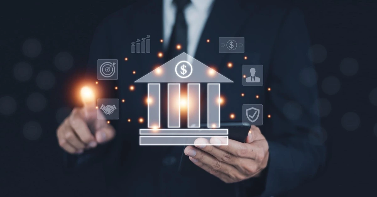 Business Professional Interacting with a Digital Bank Symbol, Surrounded by Finance-Related Icons Like Money, Growth, and Security