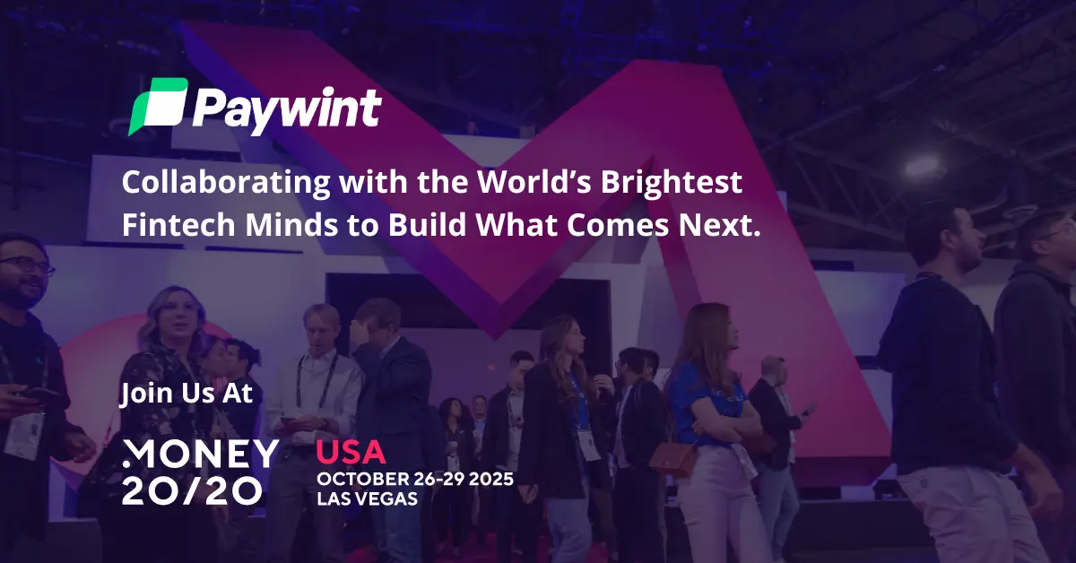 A Bustling Conference Scene with Attendees Engaging in Discussions, Featuring a Vibrant Paywint Promotional Backdrop for Money 20/20 in Las Vegas