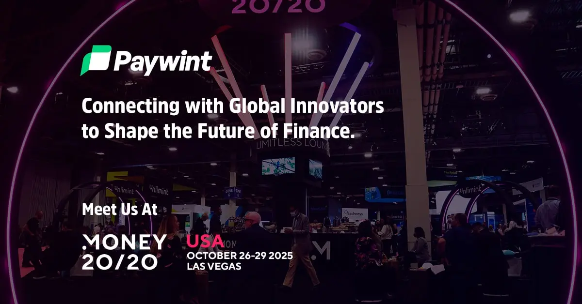 Paywint Promotional Graphic for Money 20/20 Event in Las Vegas, Highlighting Collaboration with Innovators in Finance
