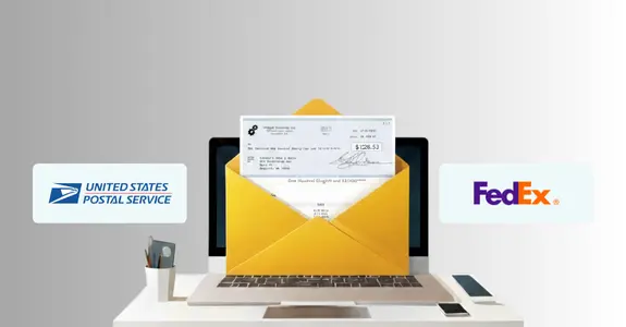 An Open Yellow Envelope with a Check Inside, Placed on a Desk Alongside Logos of USPS and FedEx, Showcasing Mailing Options