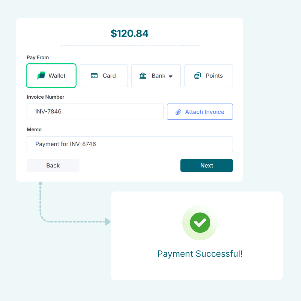 User Interface Showing a Payment Successful Confirmation for an Invoice Paid from a Digital Wallet, Displaying the Amount $120.84