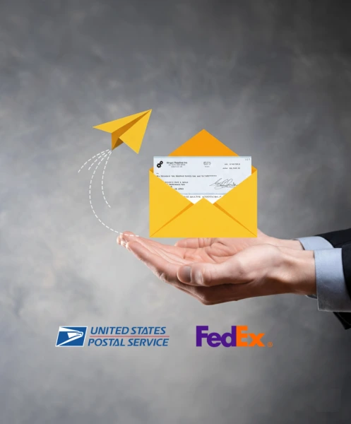A Hand Holds an Envelope with a Check, as a Paper Airplane Flies Above. Logos for USPS and FedEx Are Shown Below