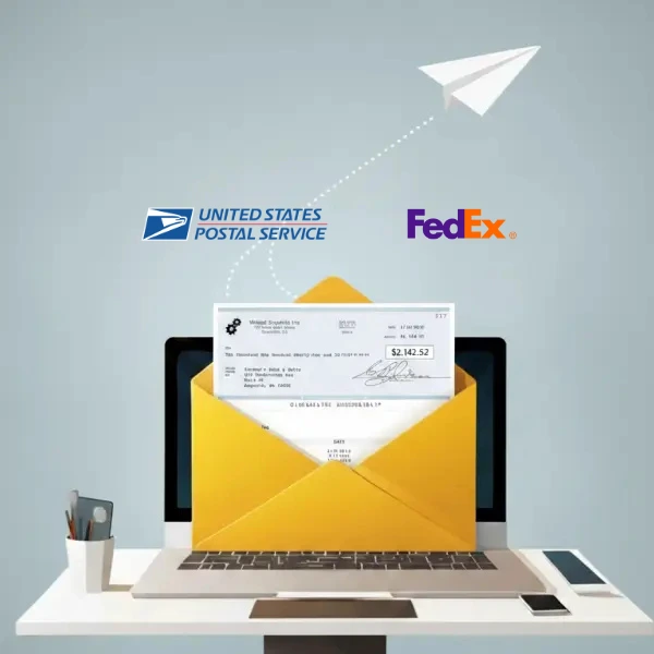 An Open Yellow Envelope with a Check Inside, Surrounded by USPS and FedEx Logos, Set on a Desk with a Laptop