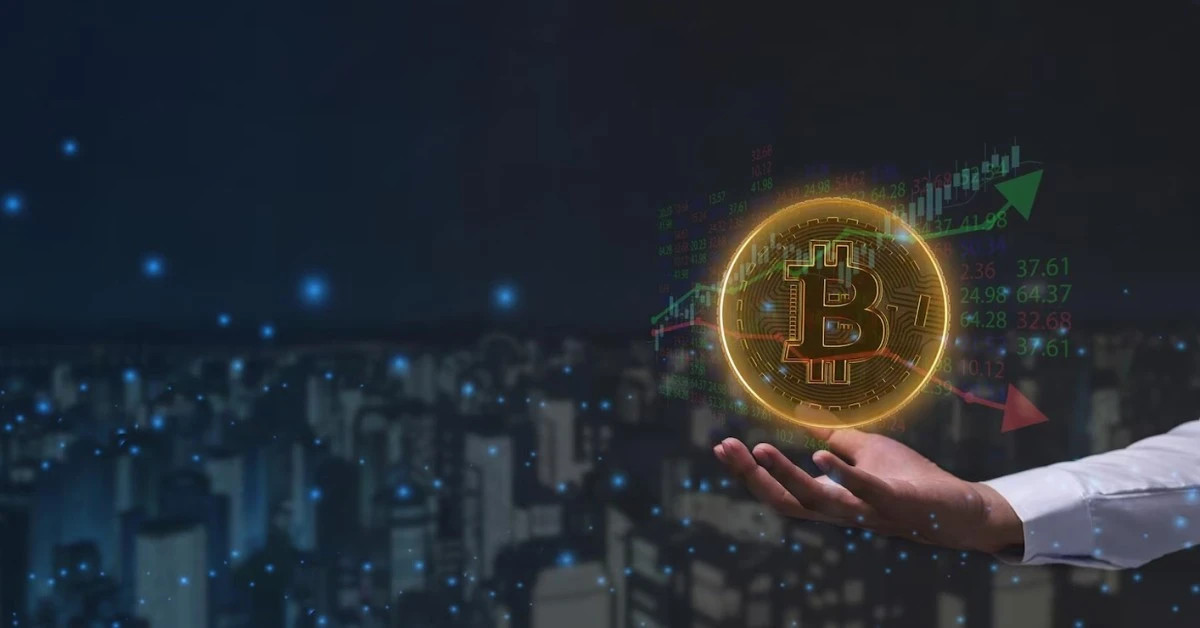 A Hand Holding a Glowing Bitcoin Symbol, with a Dark City Skyline and Stock Market Graphs in the Background, Representing Cryptocurrency Trading