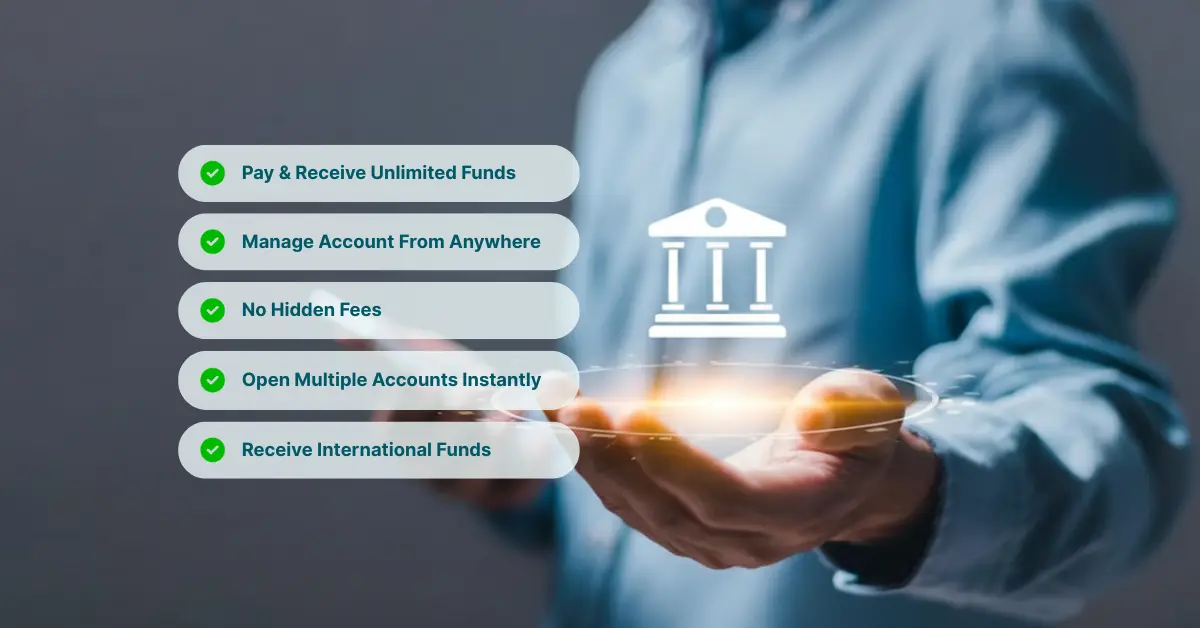 Image Features a Person's Hands Holding a Glowing Icon of a Bank with Benefits: Unlimited Funds, No Fees, and Global Access