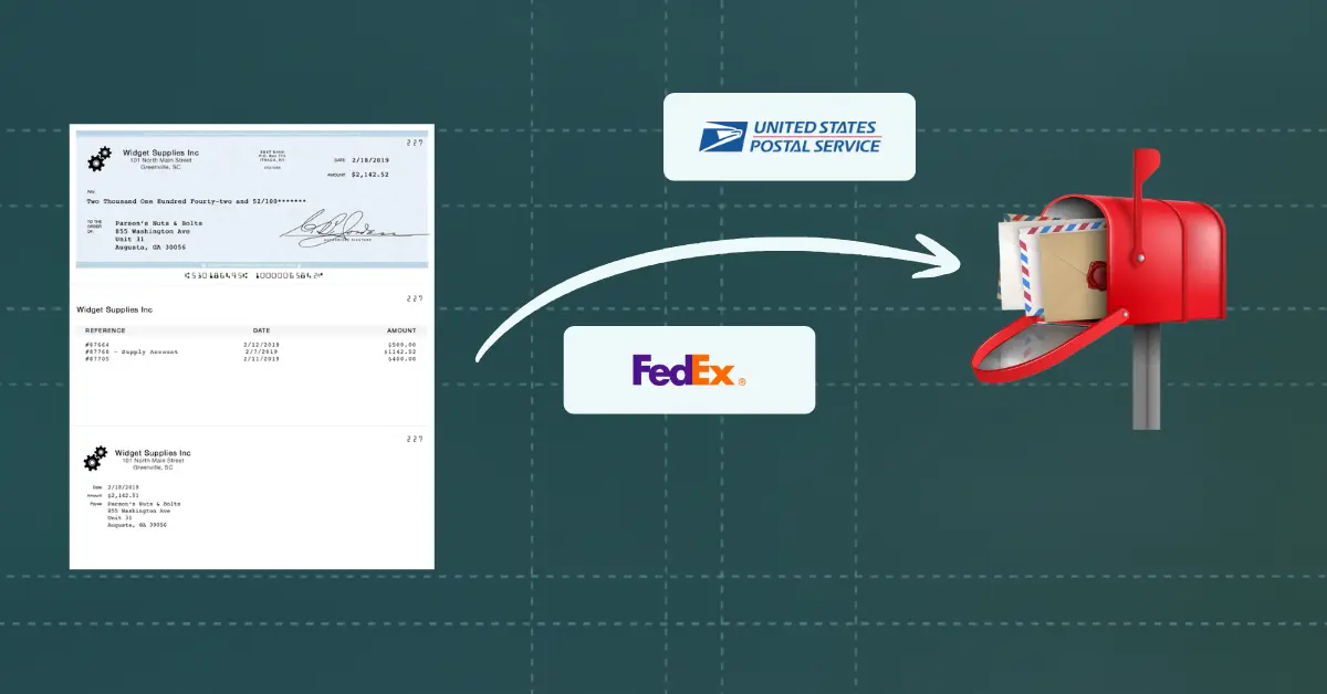 Graphic Showing a Check and Invoices from Widget Supplies, with Arrows Indicating Mailing Via USPS and FedEx to a Mailbox