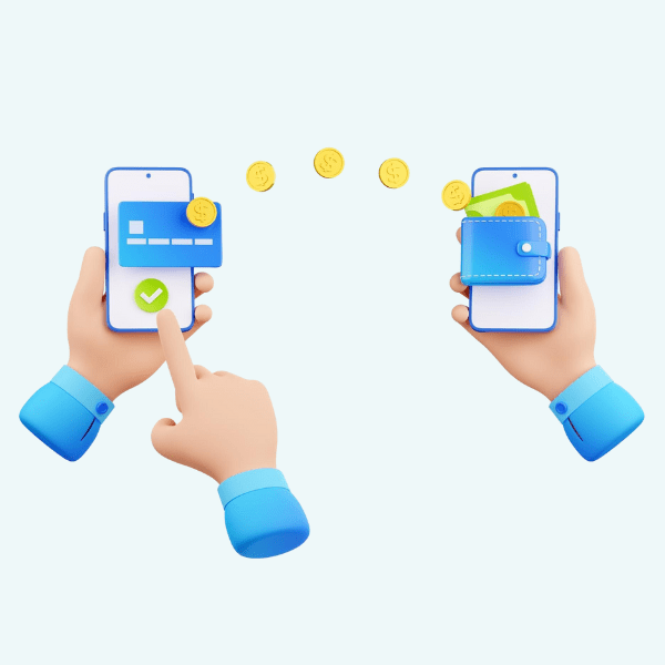 Two Hands Hold Smartphones, Transferring Digital Coins Between Them, Symbolizing Real Time Payments