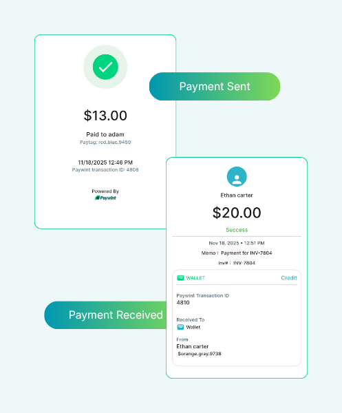 A Man in a Casual Home Setting Using His Smartphone with a Paywint Interface Overlay Showing Payment and Request Options