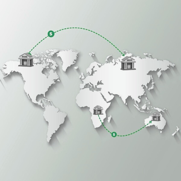 A World Map Depicting Bank Locations with Dashed Lines Indicating Financial Connections and Currency Symbols for Transactions