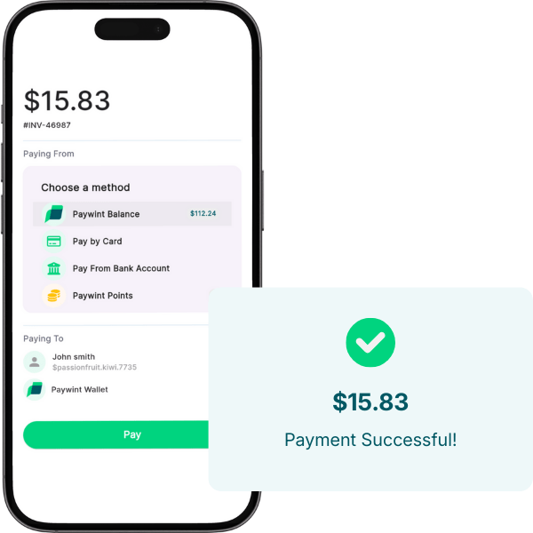 A Smartphone Screen Displays a Successful $15.83 Payment Notification, Showing Digital Payment Options and Recipient Details