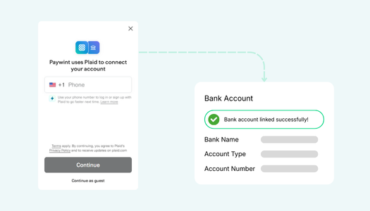 A User Interface Showing Phone Number Input for Linking a Bank Account Via Plaid, Confirming Successful Connection