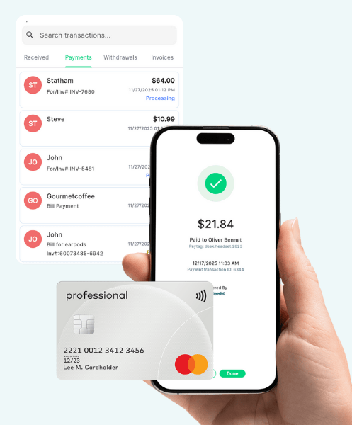 A Hand Holding a Phone Displays a Payment Confirmation of $21.84. A Card with Payment Info Is Also Shown to the Side