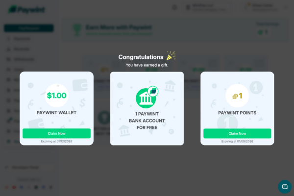 A Screen Displays a Congratulatory Message About Earning Gifts: $1 for Paywint Wallet, a Free Paywint Bank Account, and 1 Paywint Point